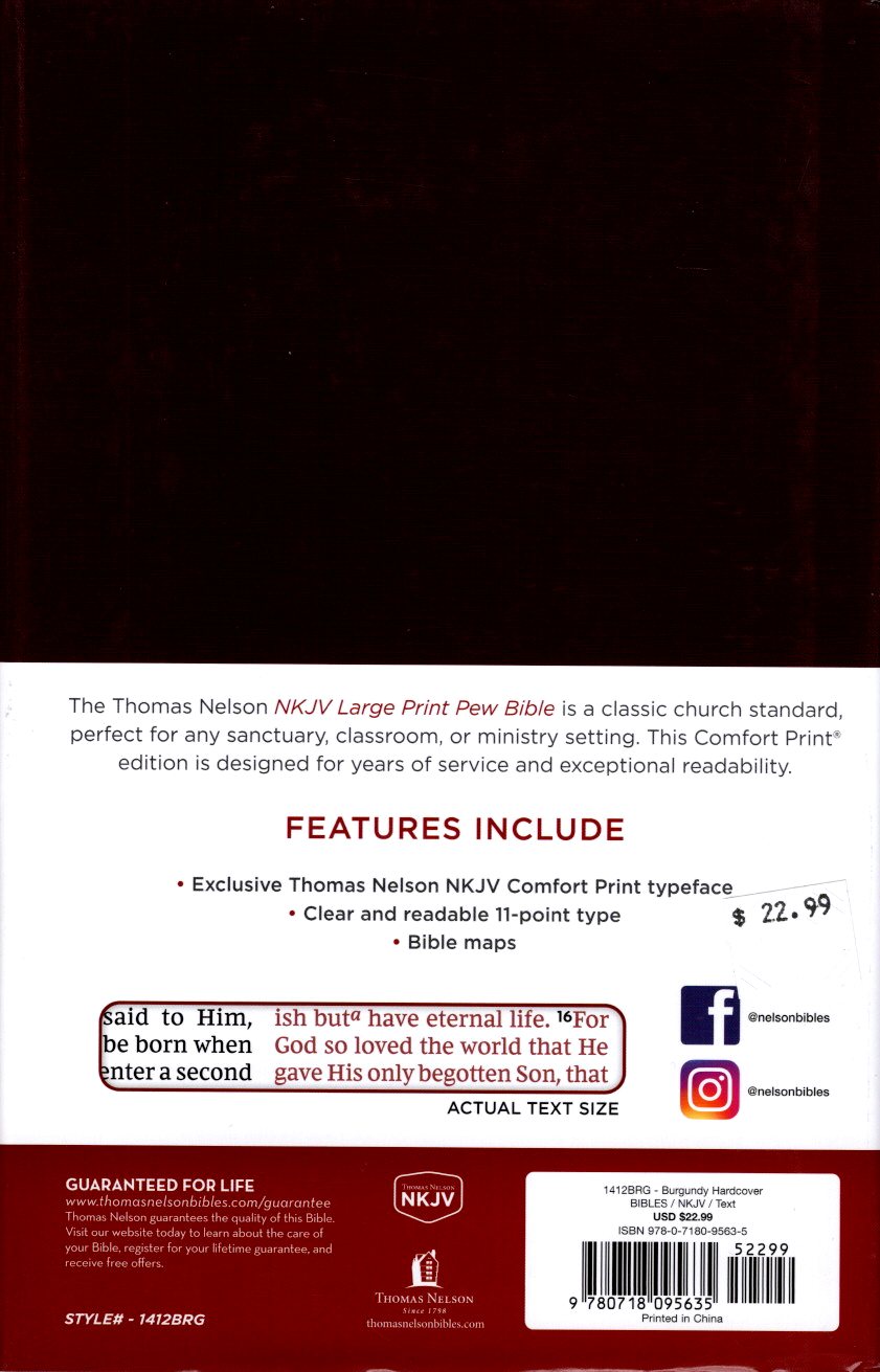 Thomas Nelson NKJV Pew Bible, Large Print, Hardcover, Burgundy