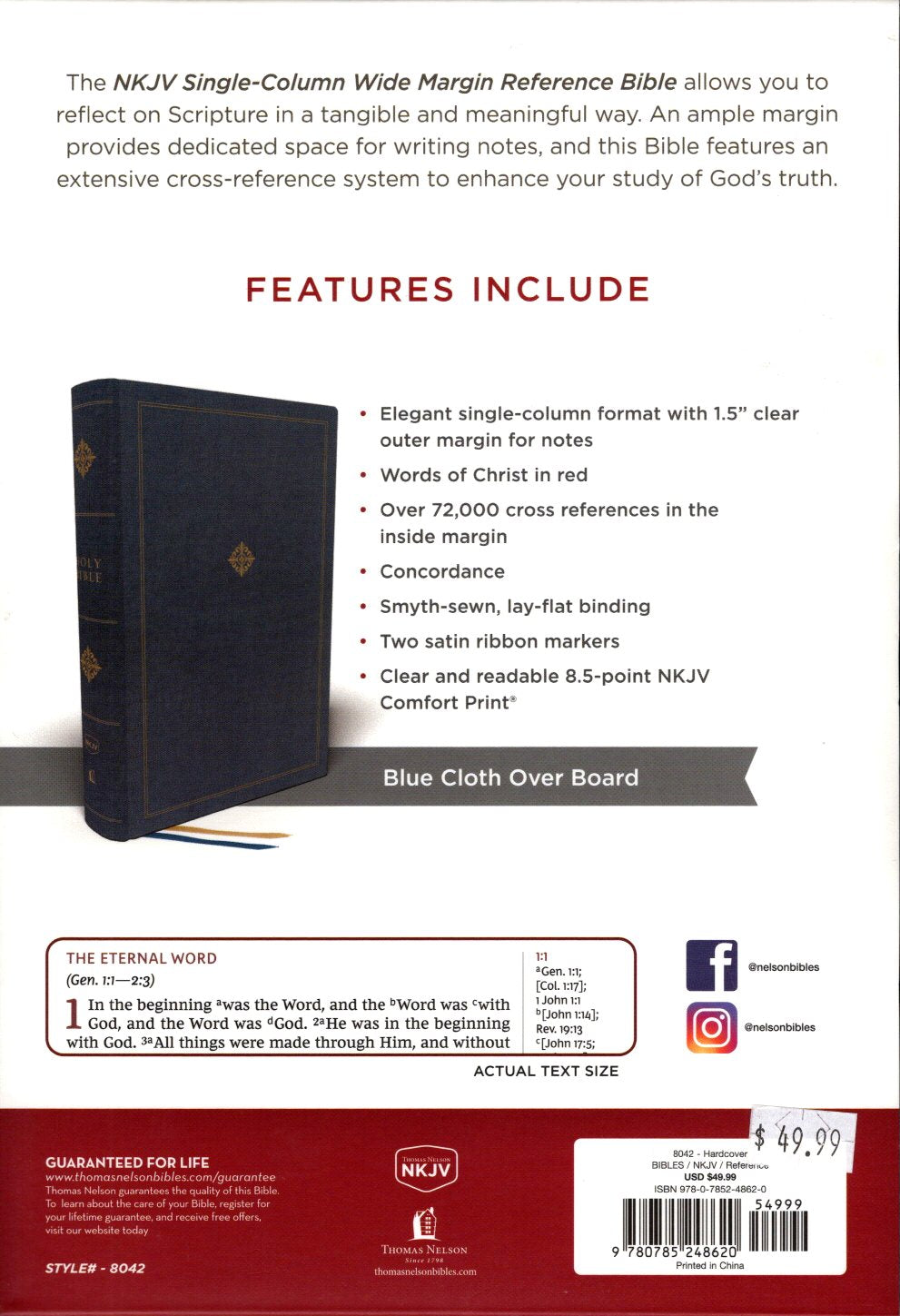 Thomas Nelson NKJV, Single-Column Wide-Margin Reference Bible, Blue Cloth over Board