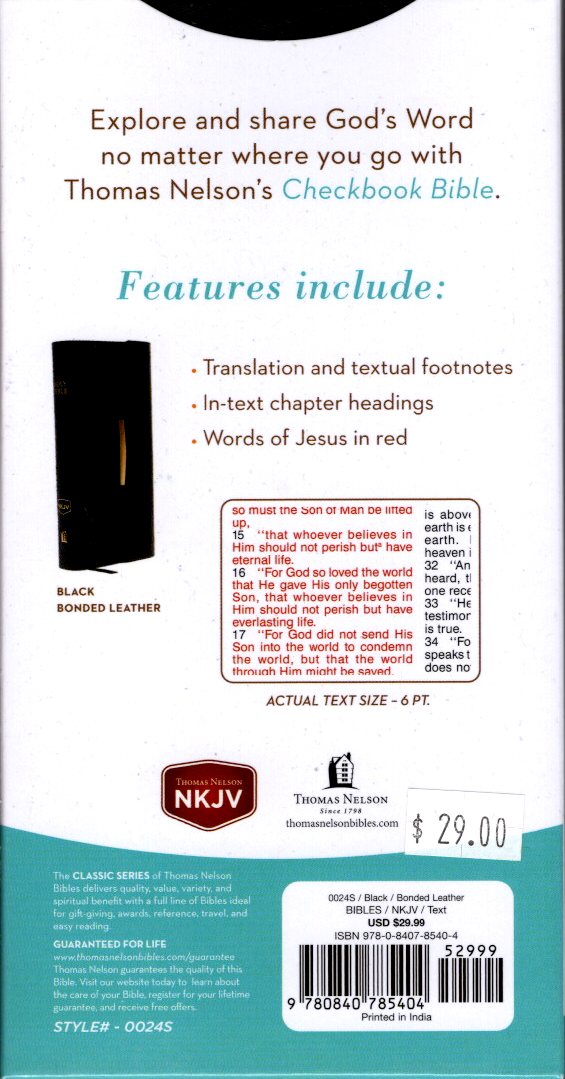 Thomas Nelson NKJV Checkbook Bible (Black Bonded Leather)