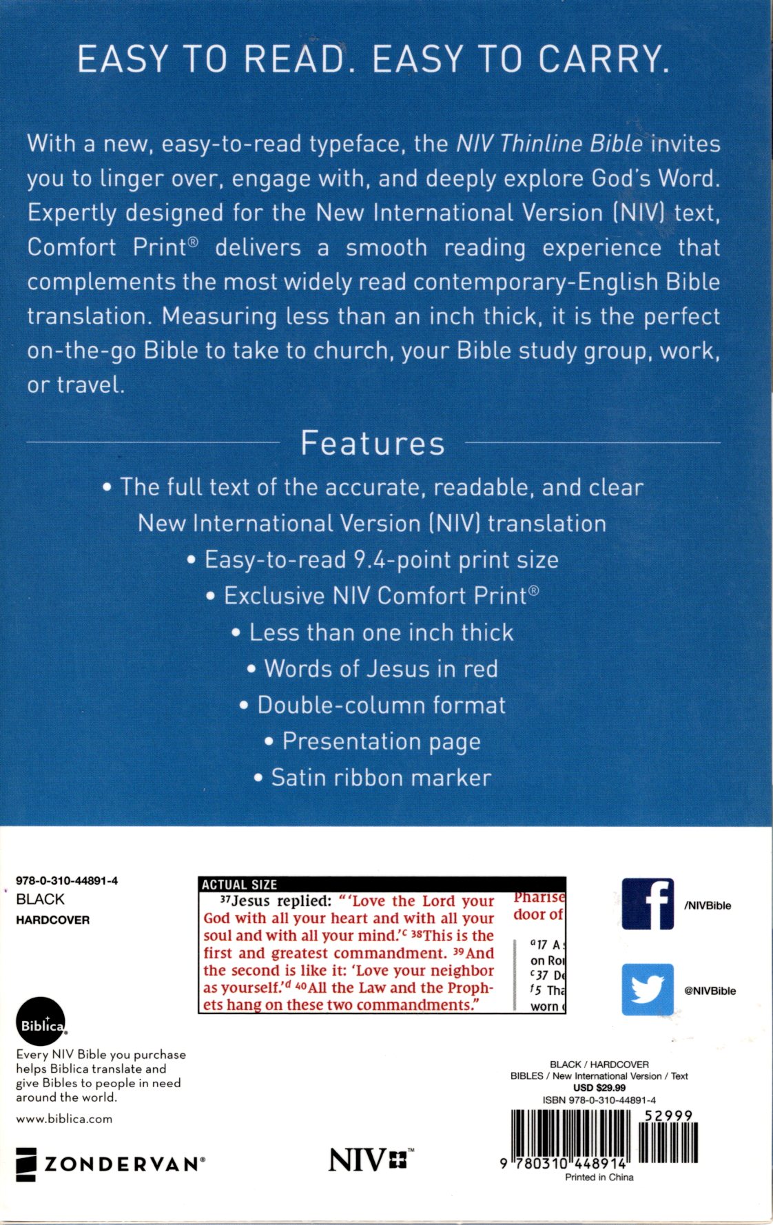 Zondervan NIV® Thinline Bible - Hardcover (Black)