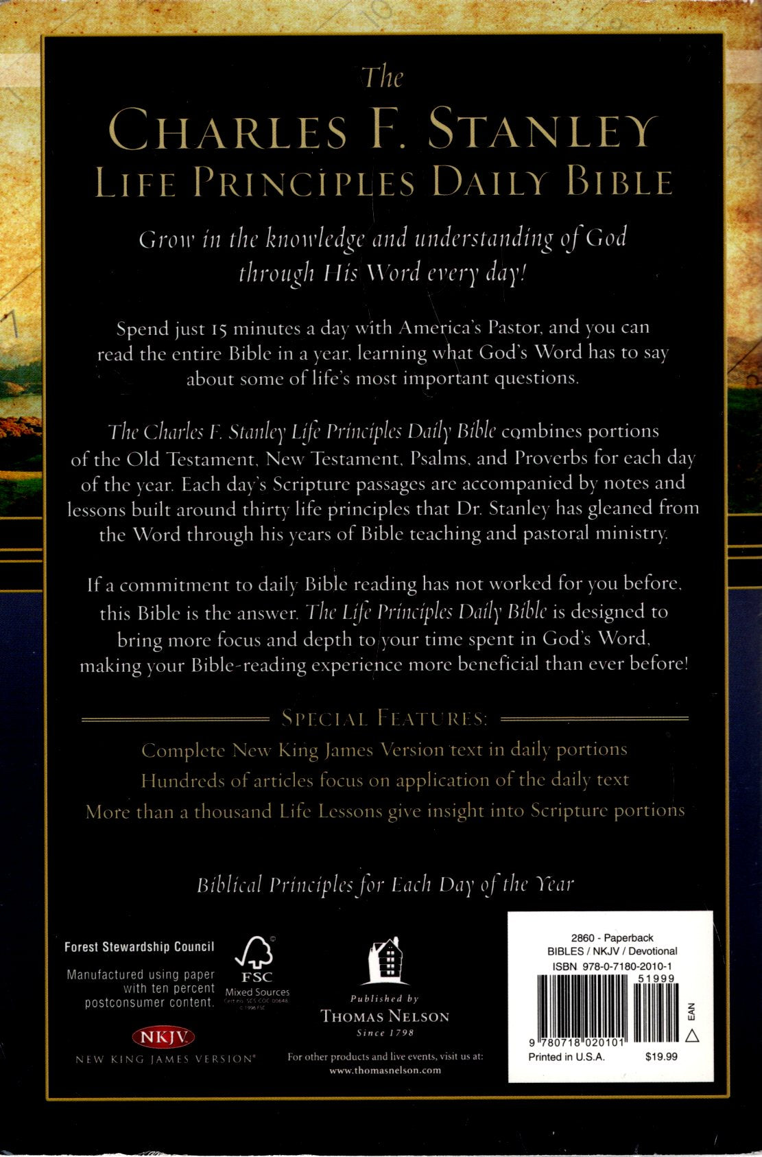 Thomas Nelson NKJV® - The Charles F. Stanley Life Principles Daily Bible: Biblical Principles for Each Day of the Year - Softcover (***Bibles have minor damage on front covers and are being sold "as-is"***)