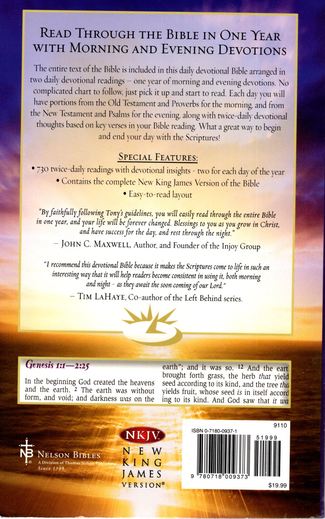 Thomas Nelson NKJV® - The Sonrise Daily Devotional Bible: Success for the Day, Rest Through the Night - Devotions by Tony Foglio - Softcover