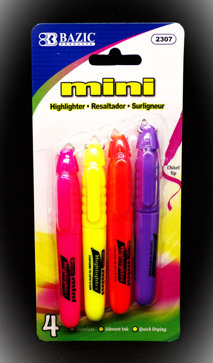 Mini Highlighters (4 Pack) #2307 - Chisel Tip - Cap Clip w/Ring (Bazic Products)
