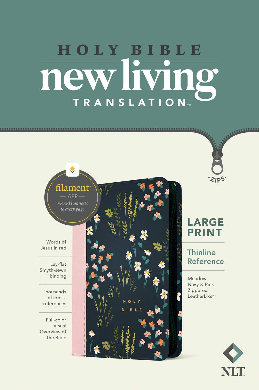 Tyndale NLT Large Print Thinline Reference Zipper Bible, Filament Enabled (LeatherLike, Meadow Navy & Pink)