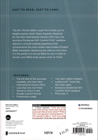 Zondervan NIV Thinline Bible, Large Print, Leathersoft