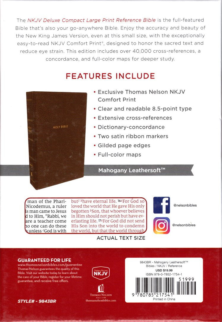 Thomas Nelson NKJV Deluxe Compact Large Print Reference Bible, Mahogany Leathersoft
