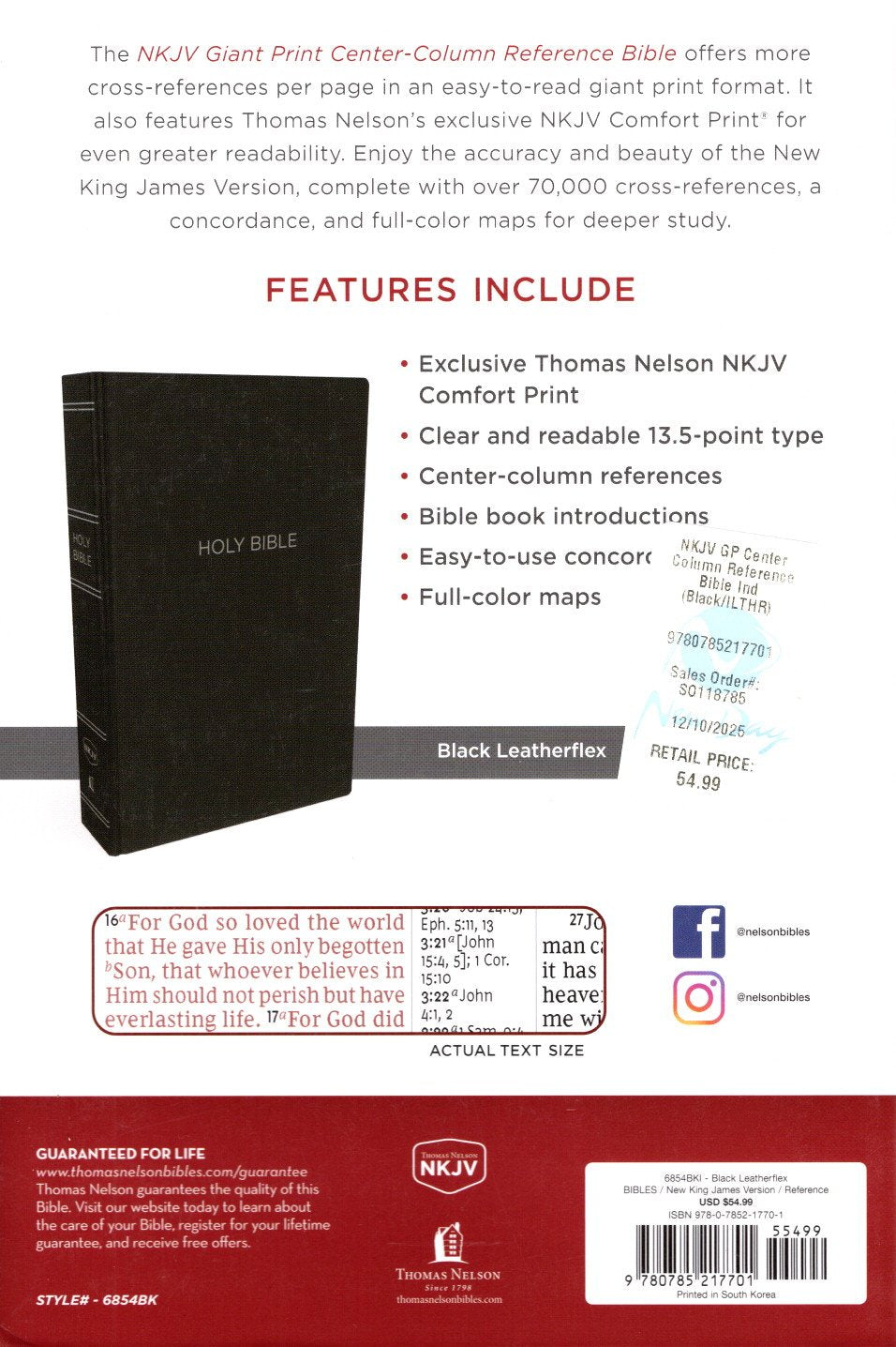 Thomas Nelson NKJV Giant Print Center-Column Reference Bible, Black Leatherflex, Thumb Indexed