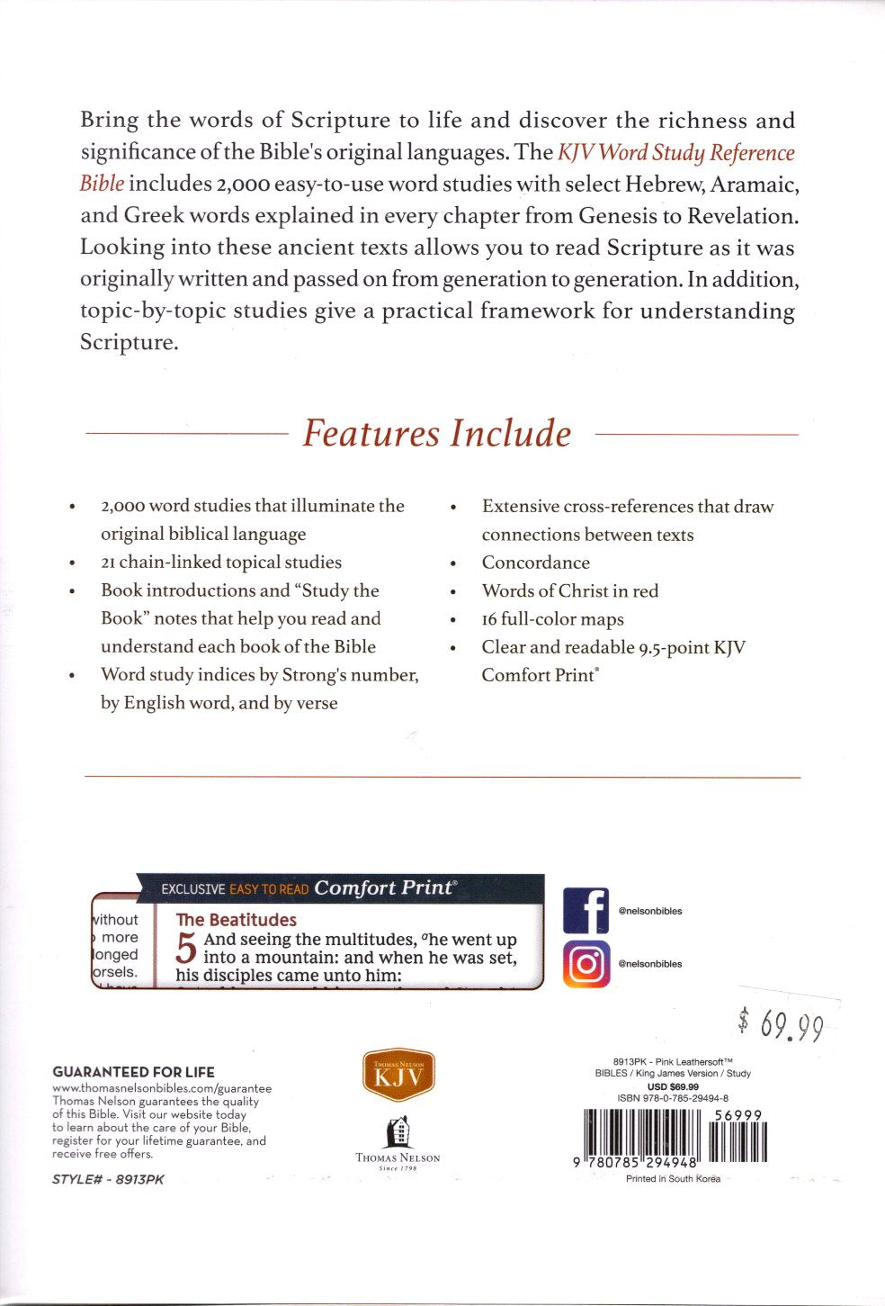 Thomas Nelson KJV, Word Study Reference Bible, Pink Leathersoft