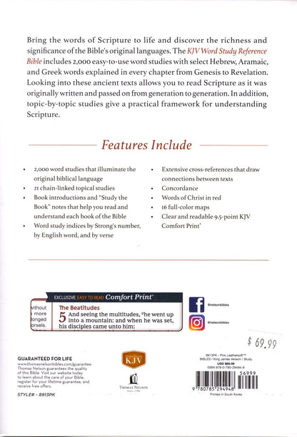 Thomas Nelson KJV, Word Study Reference Bible, Pink Leathersoft