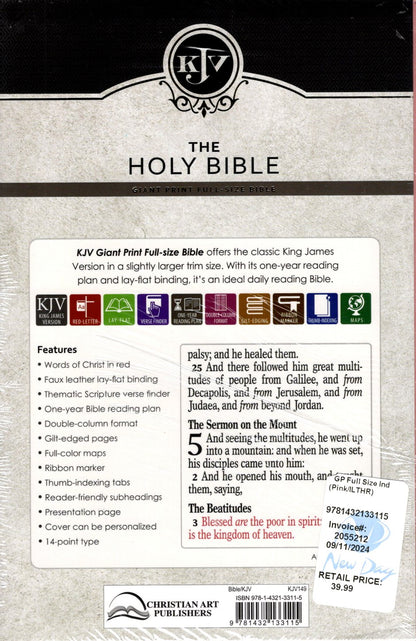 Christian Art Publishers KJV Holy Bible, Giant Print, Thumb Index, Pink Faux-Leather
