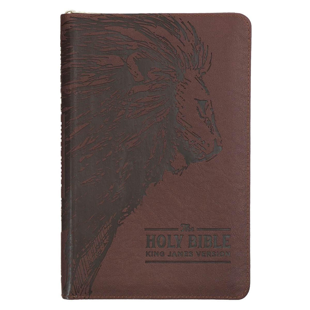 Christian Art Publishers KJV Deluxe Gift Bible, Walnut-Brown Lion Zipper Faux Leather binding, Thumb Index