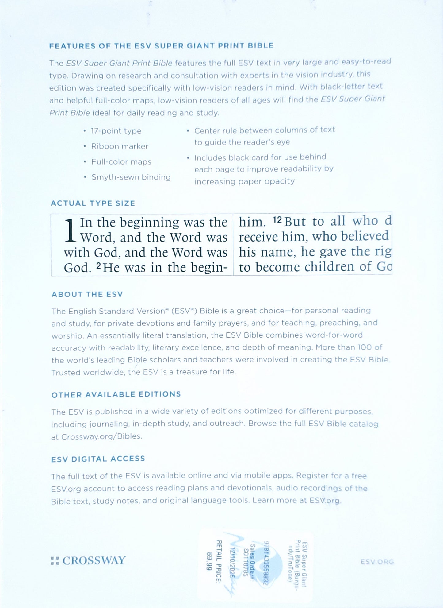 Crossway ESV Super Giant Print Bible - TruTone®